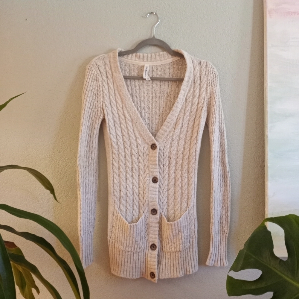 Aeropostale Y2K Long Scandi Girl Cable Knit Long Sleeve Neutral Cream Cardigan